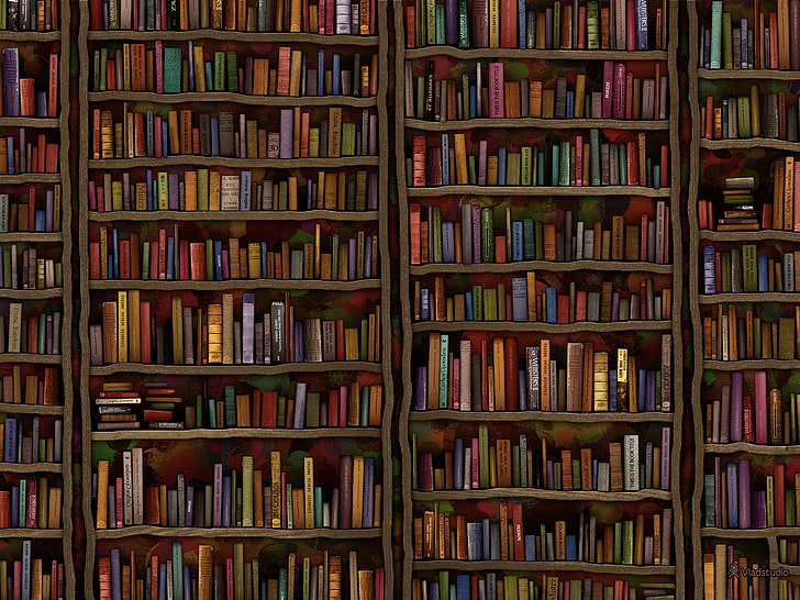 librery wallpaper, minimalism, Vladstudio, books, bookshelves, library, HD wallpaper