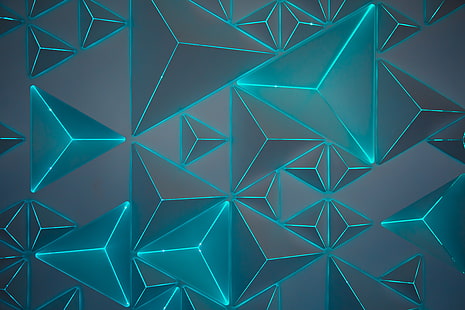 Pentagon, trianglar, neon, turkos, kricka, geometrisk, mönster, 5K, HD tapet HD wallpaper
