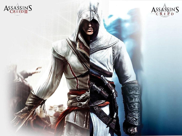 Assassin's Creed digital wallpape, Assassin's Creed, Assassin's Creed 2, Ezio Auditore da Firenze, Altaïr Ibn-La'Ahad, video games, logo, HD wallpaper
