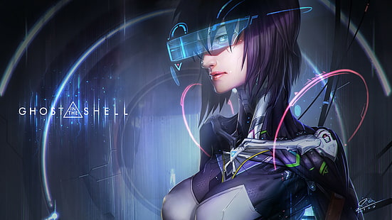 Ghost in the Shell, anime, fan art, cyberpunk, wanita, seni digital, Kusanagi Motoko, cyborg, rambut ungu, Wallpaper HD HD wallpaper