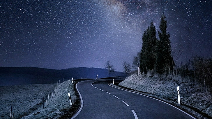 nature, sky, atmosphere, stars, night, road, atmosphere of earth, phenomenon, night sky, starry night, tree, milky way, darkness, winter, highway, starry sky, HD wallpaper