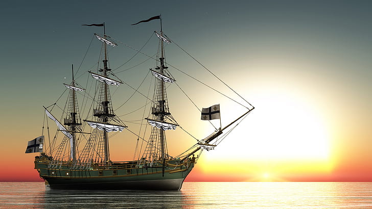 sailing ship, sea, sunset, digital art, HD wallpaper