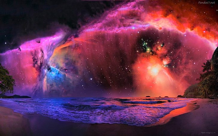 merah dan ungu Cahaya utara, luar angkasa, seni digital, pantai, langit, seni luar angkasa, Wallpaper HD