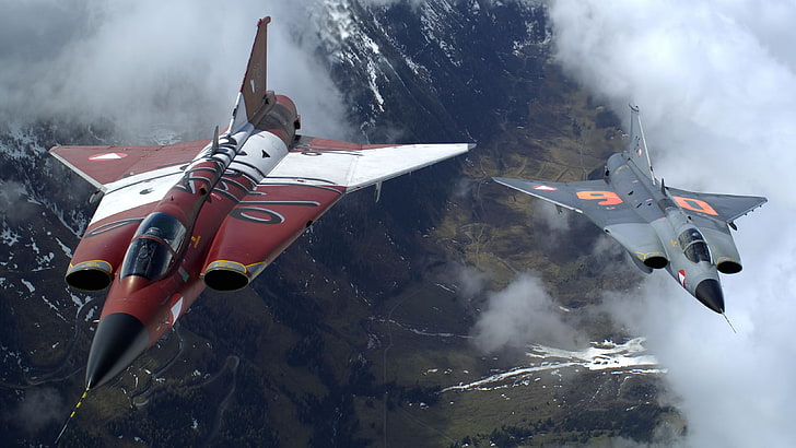 dua pesawat tempur abu-abu dan merah, kendaraan, pesawat terbang, pesawat jet tempur, Saab 35 Draken, Wallpaper HD