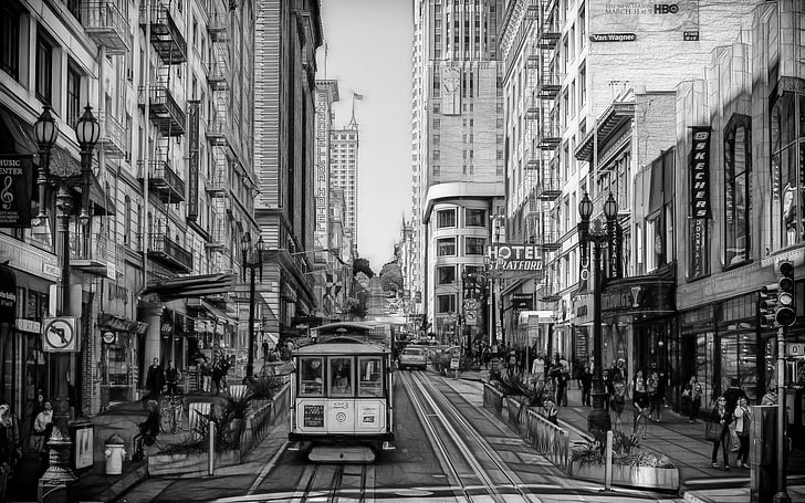 монохромен, Сан Франциско, въжени линии, град, HD тапет