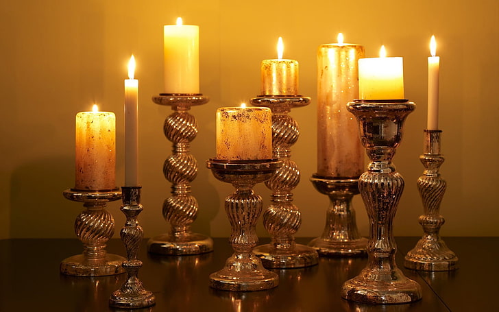 otto candele con candelieri, candele, luce, fuoco, candela, Sfondo HD