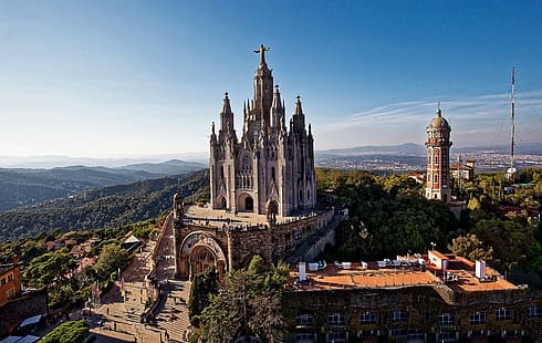 建物、塔、教会、スペイン、バルセロナ、カタルーニャ、ХрамСвятогоСердцаИисуса、Tibidabo Hill、イエスの聖心の呼気教会、ГораТибидабо、 HDデスクトップの壁紙 HD wallpaper