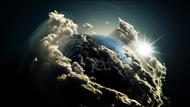 earth covered with clouds wallpaper, untitled, Sun, artwork, photo manipulation, planet, Earth, clouds, abstract, digital art, space art, space, HD wallpaper