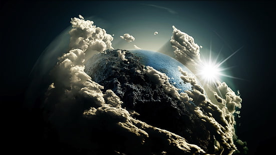 земля покрыта облаками обои, без названия, солнце, произведения искусства, фото манипуляции, планета, земля, облака, аннотация, цифровое искусство, космическое искусство, космос, HD обои HD wallpaper
