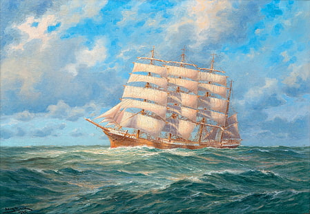 painting of galleon ship, the sky, clouds, ship, sailboat, picture, horizon, canvas, sea. wave, oil. the artist Adolf Konrad Walter Bock, HD wallpaper HD wallpaper