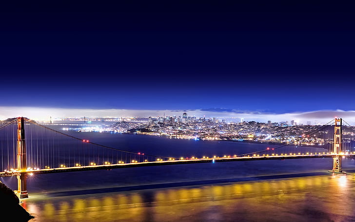 paisaje urbano, puente, puente Golden Gate, luces, noche, San Francisco, Fondo de pantalla HD