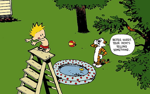 Ilustración de niño y tigre, Calvin y Hobbes, cómics, Bill Watterson, Fondo de pantalla HD HD wallpaper