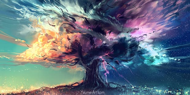 pintura digital, arte de fantasía, árboles, nubes, cielo, obra de arte, Yuumei, Fondo de pantalla HD HD wallpaper