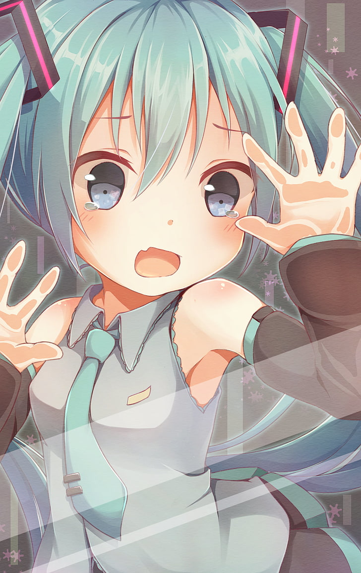 open mouth, behind the glass, Vocaloid, pigtails, blue eyes, blue hair, Hatsune Miku, crying, HD wallpaper