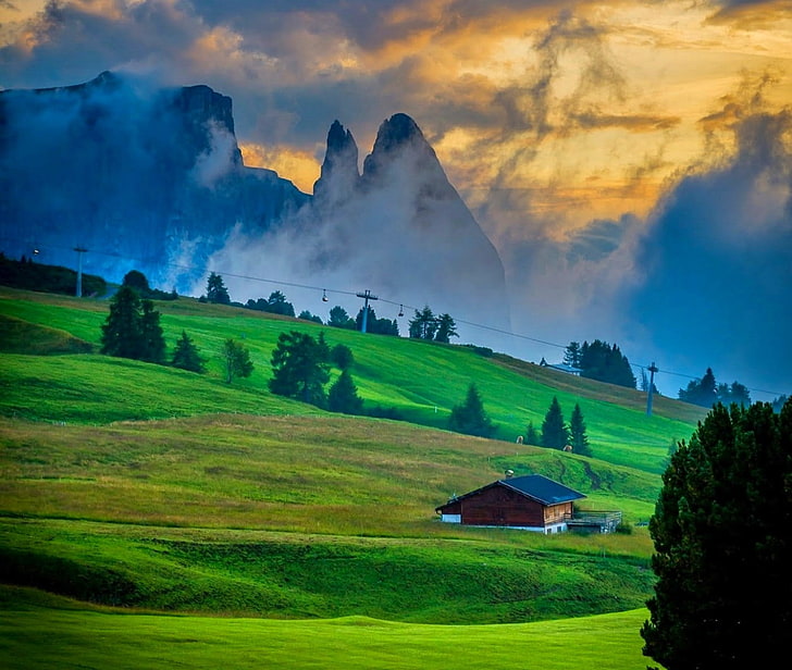 nature, landscape, Dolomites (mountains), sunset, Italy, cabin, clouds, grass, trees, sky, HD wallpaper
