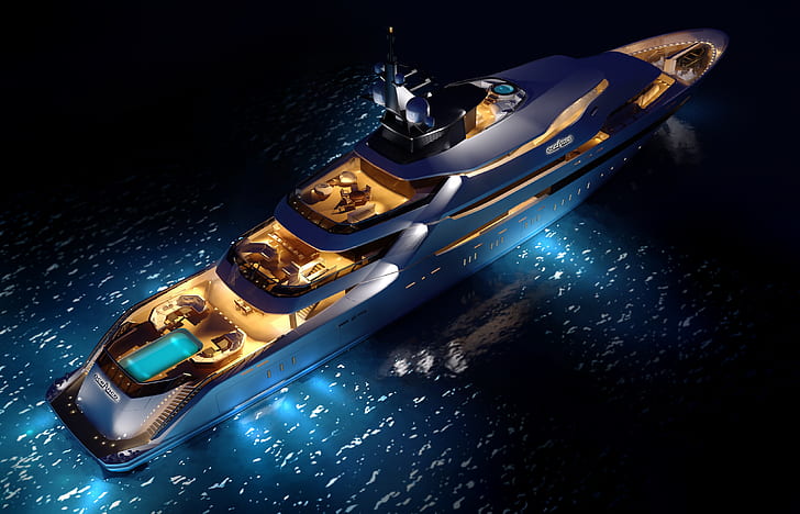 sea, yacht, concept, night, superyacht, Y708, upview, oceAnco, HD wallpaper