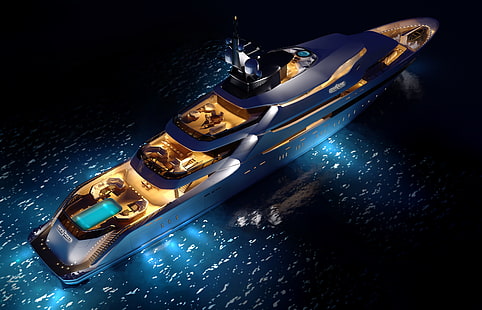 sea, yacht, concept, night, superyacht, Y708, upview, oceAnco, HD wallpaper HD wallpaper
