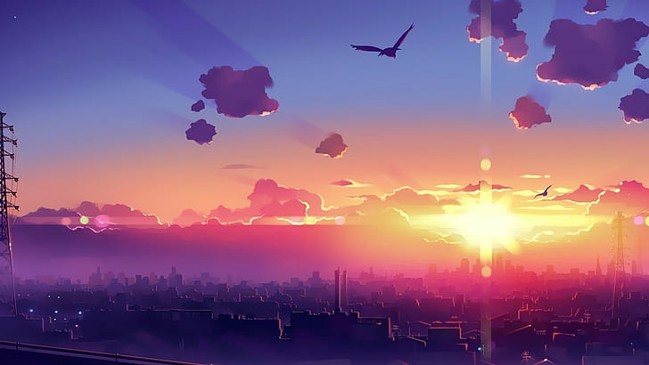 Anime, Stadt, Sonnenuntergang, Skyline, Anime, Stadt, Sonnenuntergang, Skyline, HD-Hintergrundbild