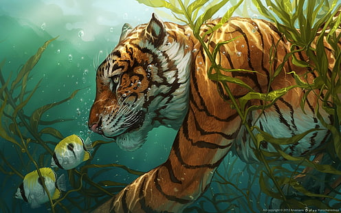 Tiger Drawing Underwater Fish HD, цифровая графика / рисунок, рисунок, тигр, рыба, подводный, HD обои HD wallpaper