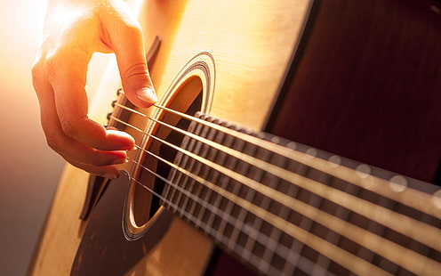 ギター弦と手、茶色のアコースティックギター、音楽、ギター、弦、 HDデスクトップの壁紙 HD wallpaper