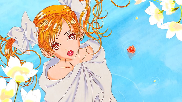 Anime, Anime Girls, kurze Haare, blond, offener Mund, Blumen, Wasser, wegsehen, HD-Hintergrundbild