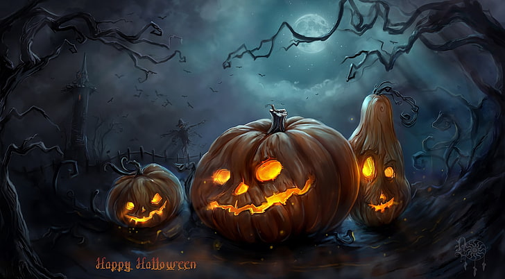 Spooky Halloween, Holidays, Halloween, Moon, Spooky, Pumpkins, fullmoon, jackolantern, 2017, carvedpumpkin, trickortreat, halloween2017, allhalloween, HD wallpaper