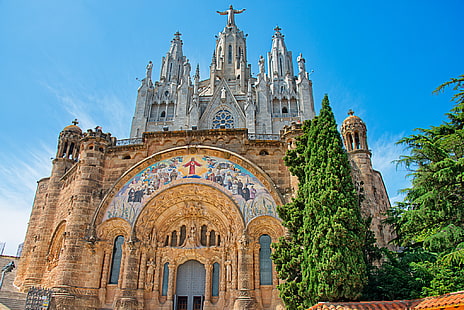 Tibidabo, Hiszpania, niebo, drzewa, kościół, Hiszpania, Barcelona, Tapety HD HD wallpaper