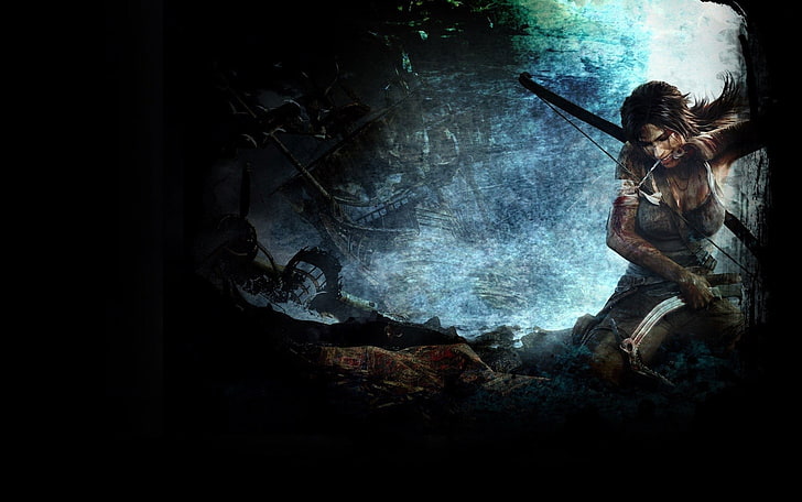 akwarium z brązowym drewnianym szkieletem, Tomb Raider, łucznik, kokardy do włosów, myśliwy, Tapety HD