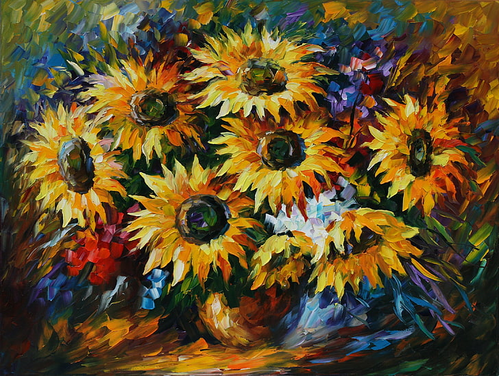 girassóis amarelos ainda vida pintura, girassóis, flores, pintura, Leonid Afremov, HD papel de parede