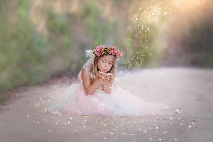 Girl, child, magic, girl's pink mesh dress, girl, child, magic, expensive dress, HD wallpaper