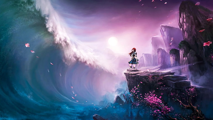 femme debout sur l'illustration de la falaise, Fairy Tail, Scarlet Erza, art fantastique, femmes, paysage, falaise, vagues, rousse, anime, anime girls, art numérique, artwork, Fond d'écran HD