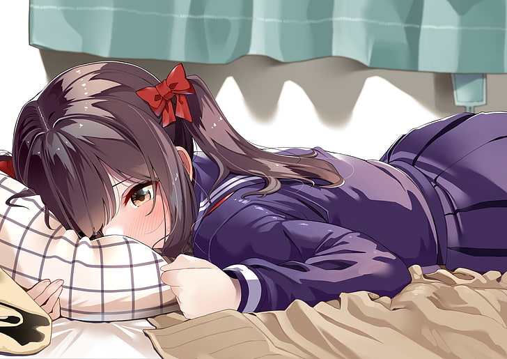 gadis anime, berbaring, ekspresi malu, rambut cokelat, Anime, Wallpaper HD