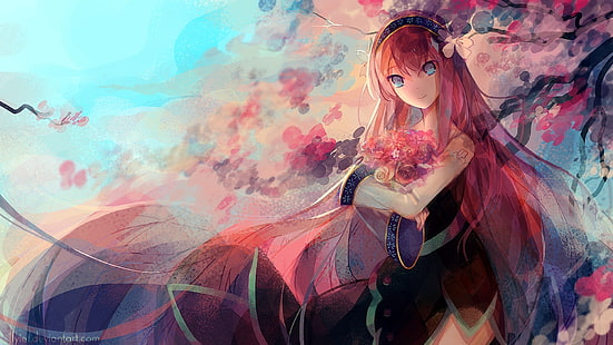 женский персонаж аниме обои, аниме, Vocaloid, Megurine Luka, длинные волосы, цветы, вишня, цветок в волосах, аниме девушки, HD обои HD wallpaper