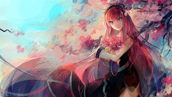 Megurine Luka, Vocaloid, körsbärsträd, anime, animeflickor, blomma i hår, långt hår, blommor, HD tapet HD wallpaper