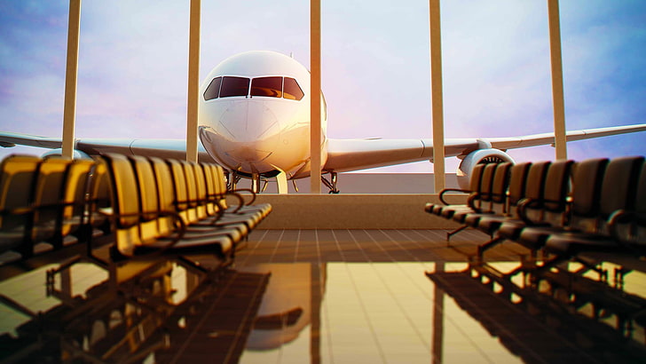白い飛行機、飛行機、空港、椅子、旅客機、窓、日光、反射、被写界深度、待っている、ガラス、 HDデスクトップの壁紙