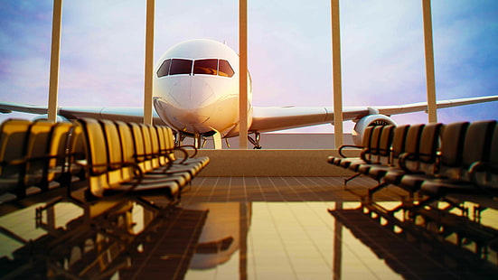 отражение, глубина резкости, ожидание, самолет, солнечный свет, стекло, пассажирский самолет, кресло, окно, аэропорт, HD обои HD wallpaper