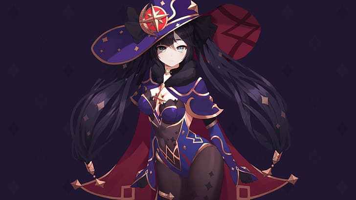 Mona (Genshin Impact), Genshin Impact, twintails, witch hat, purple background, anime girls, green eyes, HD wallpaper