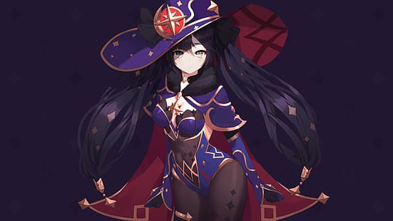  Mona (Genshin Impact), Genshin Impact, twintails, witch hat, purple background, anime girls, green eyes, HD wallpaper HD wallpaper