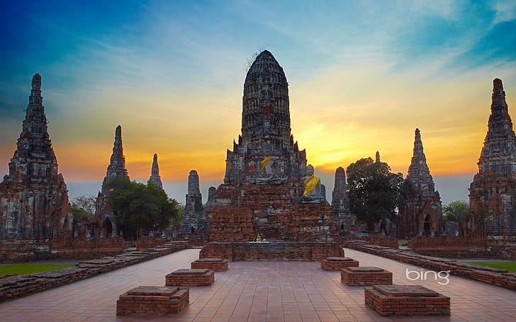 le ciel, nuages, Thaïlande, temple, ruines, Bouddha, Ayutthaya, Wat Chai Wattanaram, Fond d'écran HD