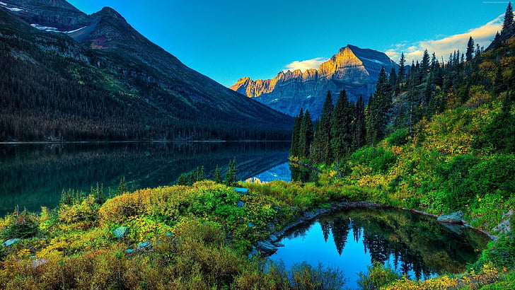 Монтана, вода, планина, ледник национален парк, национален парк, САЩ, езеро, планина, река, планински пейзаж, пустиня, езера, природа, отражение, слънце, дървета, HD тапет