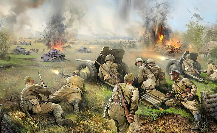 uomini in guerra pittura, battaglia, arte, soldati, La grande guerra patriottica, L'Armata Rossa, Sfondo HD