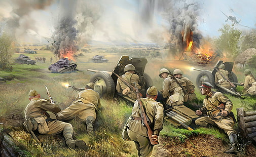 uomini in guerra pittura, battaglia, arte, soldati, La grande guerra patriottica, L'Armata Rossa, Sfondo HD HD wallpaper