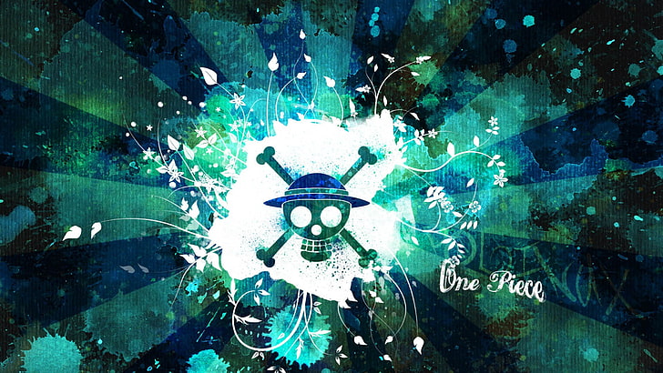 wallpaper bajak laut Strawhat hijau dan putih, One Piece, cat splatter, tengkorak, seni digital, karya seni, Wallpaper HD