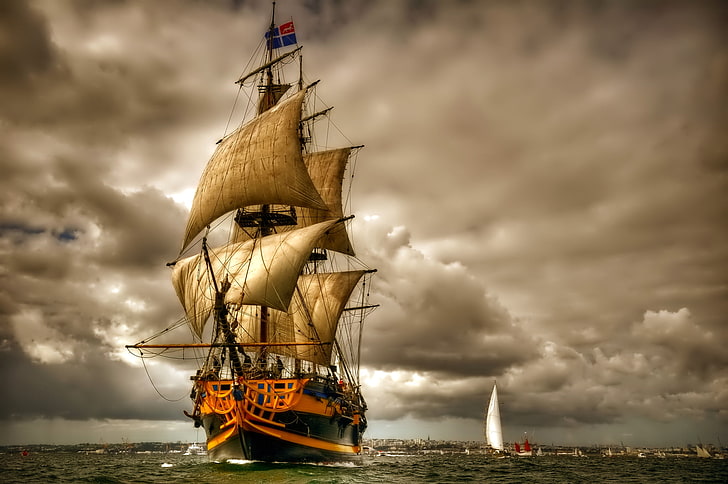 papel tapiz digital velero beige y marrón, mar, cielo, nubes, barco, barco, velero, vela, Fondo de pantalla HD