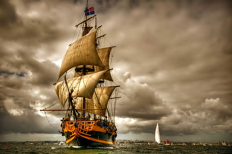papel tapiz digital velero beige y marrón, mar, cielo, nubes, barco, barco, velero, vela, Fondo de pantalla HD HD wallpaper