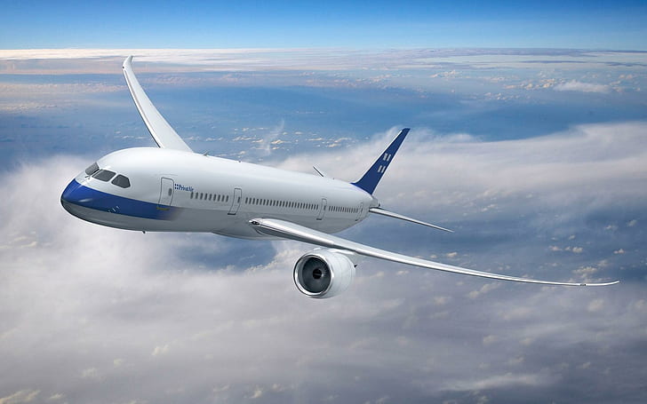 Boeing 787 passenger, white and blue plane, airplane, aircraft, flight, HD wallpaper