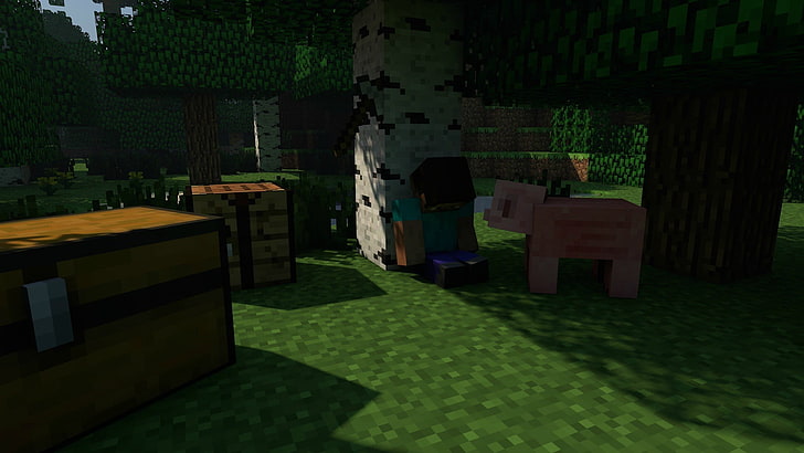 Ilustración del juego de Minecraft, Minecraft, árboles, mesas de elaboración, cerdos, videojuegos, Fondo de pantalla HD
