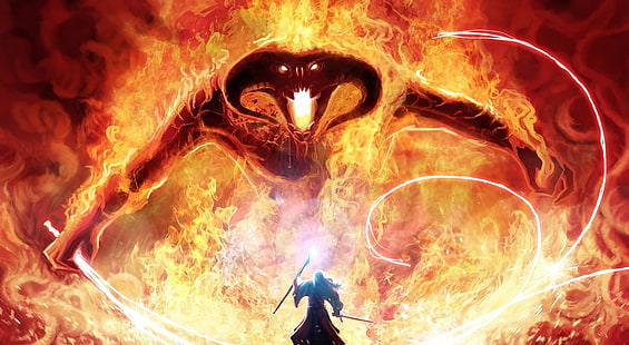 LOTR, hombre con monstruo de fuego detrás de ilustración, Artístico, Fantasía, Fondo de pantalla HD HD wallpaper