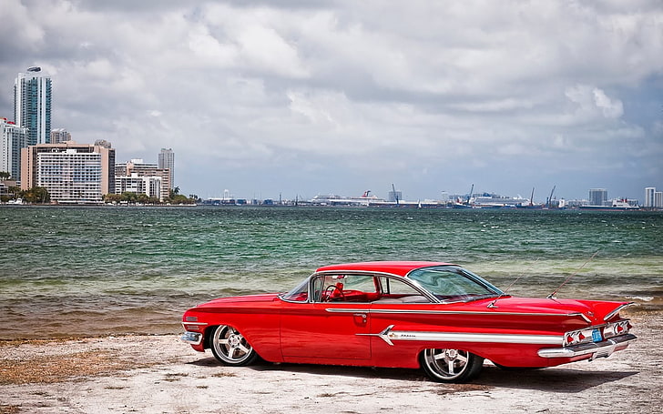 coche, Chevrolet Impala 1960, mar, playa, Fondo de pantalla HD