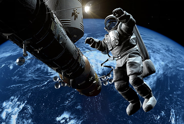 белый космонавт, космос, космонавт, атмосфера, арт, Земля, гравитация, красиво, бесконечность, невесомость, боке, космическая станция, обои., выход открытого пространства, звездное поле, орбита жизни, HD обои